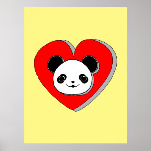 Cute Panda Bear och Red Heart Teckning Poster