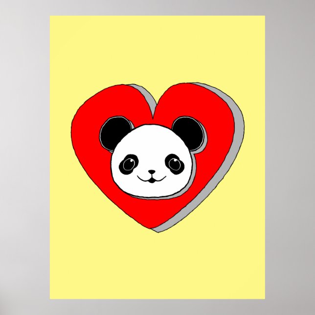 Cute Panda Bear och Red Heart Teckning Poster (Framsidan)