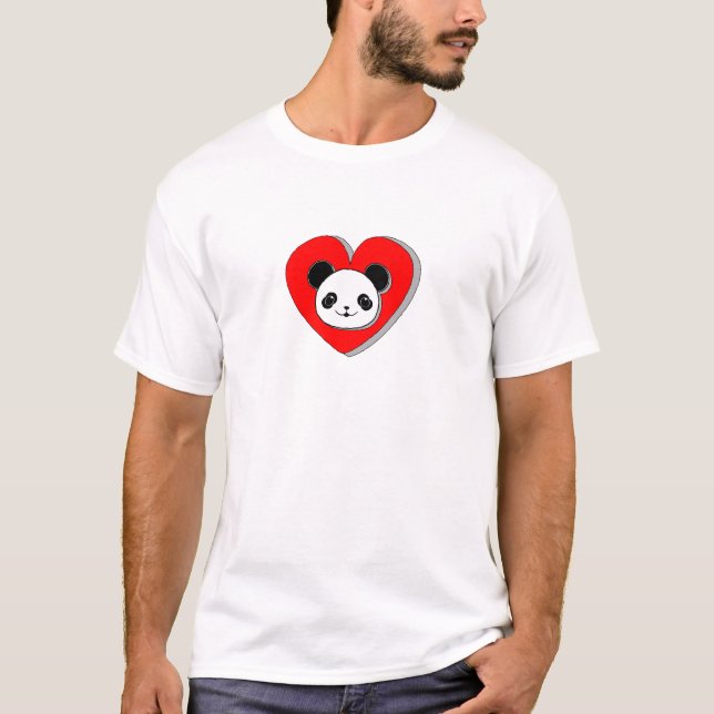 Cute Panda Bear och Red Heart Teckning T Shirt (Framsida)