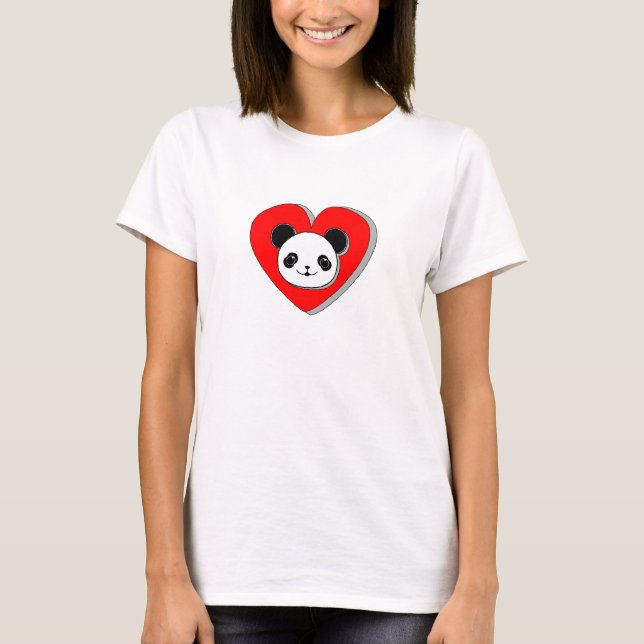 Cute Panda Bear och Red Heart Teckning T Shirt (Framsida)