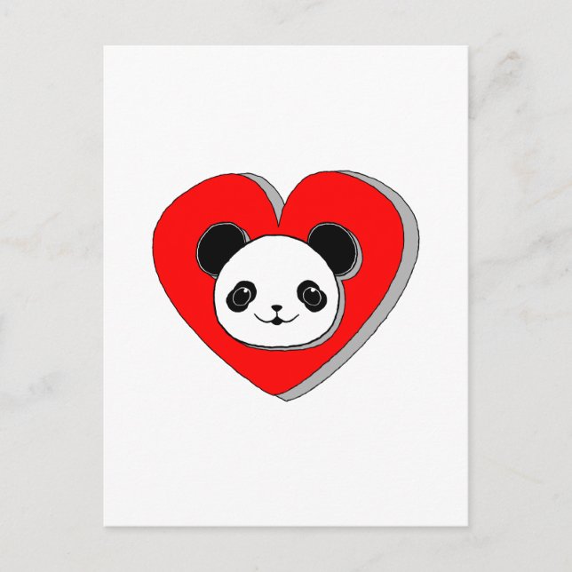 Cute Panda Bear och Red Heart Teckning Vykort (Framsida)