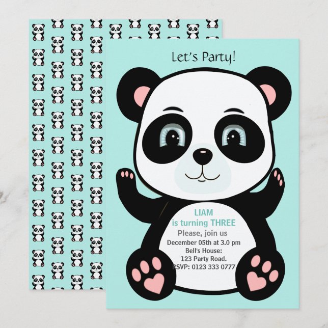 Cute Panda Bear on Light Teal Blue Birthday Inbjudningar (Fram/baksida)