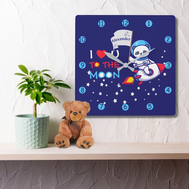 Cute Panda Bear on Rocket Frakt Kids Personlig Fyrkantig Klocka (Skapare uppladdad)