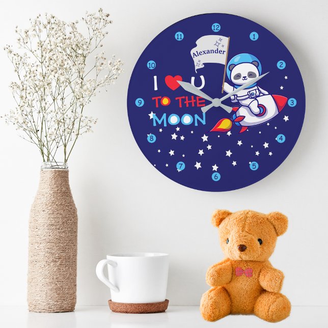 Cute Panda Bear on Rocket Frakt Kids Personlig Stor Klocka (Skapare uppladdad)