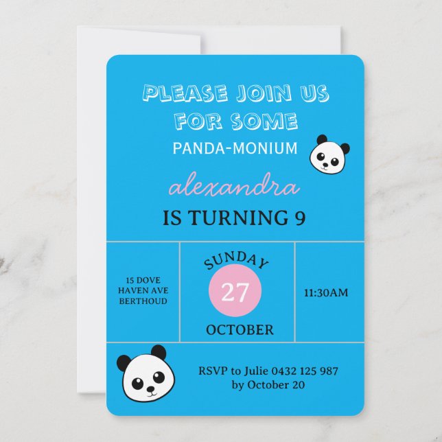 Cute Panda Bear Party Invitation – Personalized  Inbjudningar (Baksida)