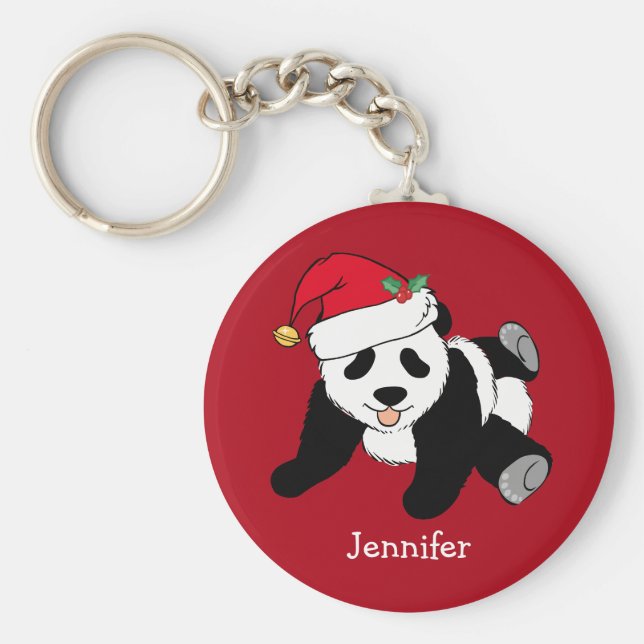 Cute Panda Bear Personlig Kids Red jul Nyckelring (Framsidan)