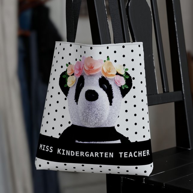 Cute Panda Bear Polka Dot Teacher Tote Bag Tygkasse (A cute panda bear tote bag with flowers in her hair. Just add your teacher name!)
