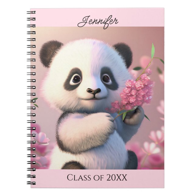 Cute Panda Bear Rosa Flowers Personalize Namn Gift Anteckningsbok (Framsidan)