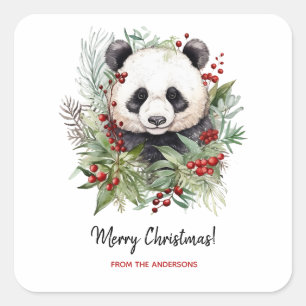 Cute Panda Bear Rustic julbotanicals Fyrkantigt Klistermärke