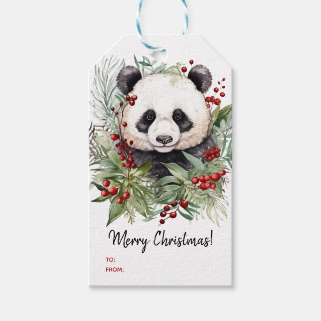 Cute Panda Bear Rustic julbotanicals Presentetikett (Framsidan)