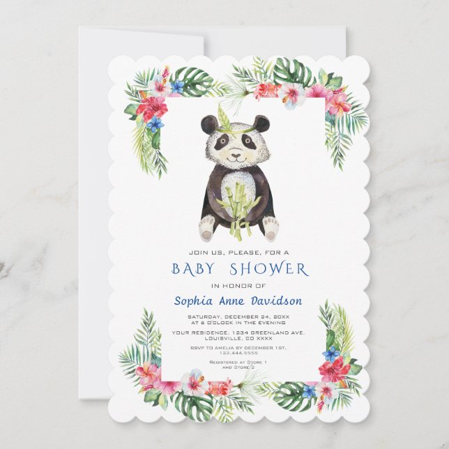 Cute Panda Bear Tropical Flowers Ram Baby Shower Inbjudningar (Framsida)