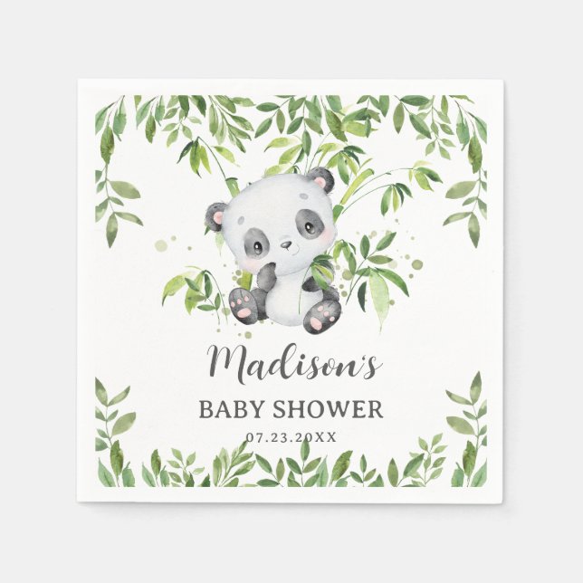 Cute Panda Bear Unge Greenery Baby Shower Serviett Pappersservett (Framsidan)