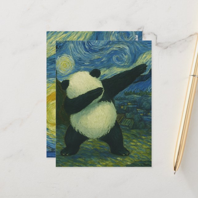 Cute Panda Bear - Van Gogh Style - Starry Night  Vykort (Fram/Back In Situ)