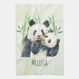 Cute Panda Bears Cuddling Watercolor Kökshandduk