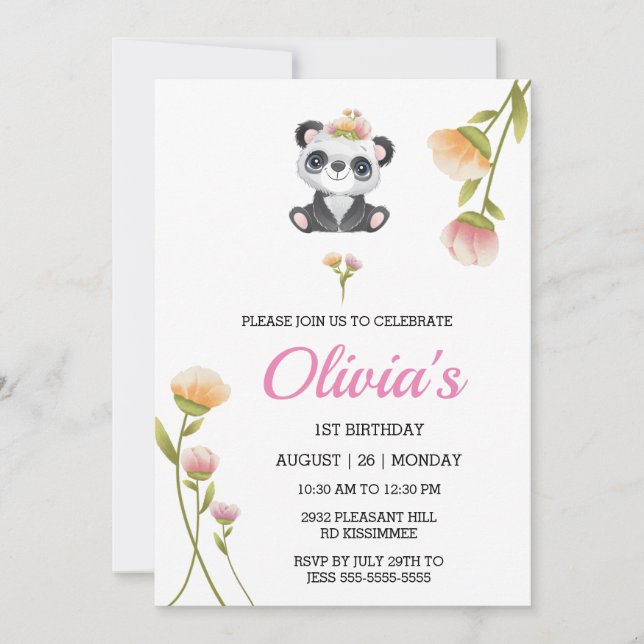 Cute Panda Birthday-inbjudan Pin Vatten Färg Inbjudningar (Framsida)