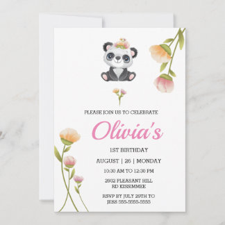 Cute Panda Birthday-inbjudan Pin Vatten Färg Inbjudningar