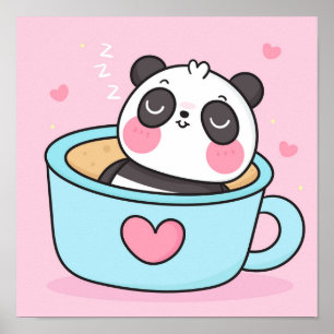 Cute Panda-björn i kopp som dricker kaffe te Poster
