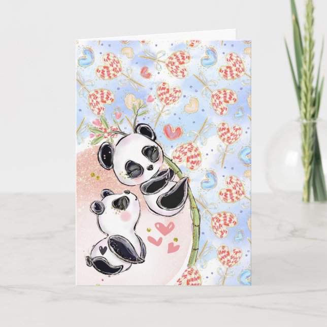 Cute panda björn på bamboo par romantik kärlek kort (Framsida)