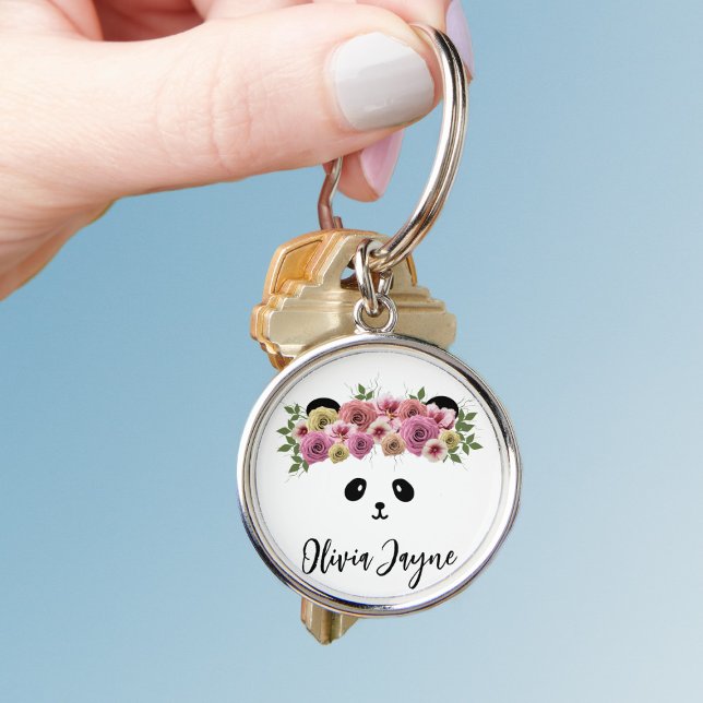 Cute Panda Blommigt Ansikte Girl's Silver Keychain Rund Silverfärgad Nyckelring (Just add your name to this cute floral panda keychain)