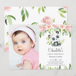 Cute Panda Blommigt Greenery 1st Birthday Girl Pho Inbjudningar