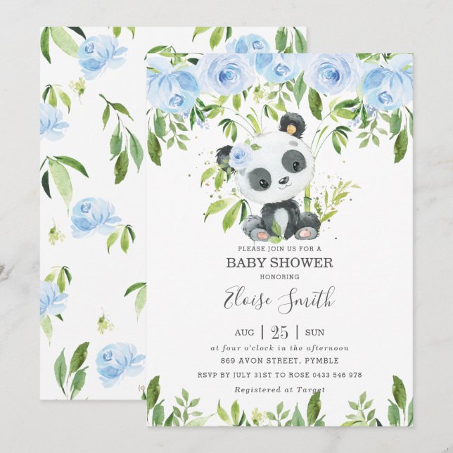 Cute Panda Blue Blommigt Greenery Baby Shower Inbjudningar (Fram/baksida)