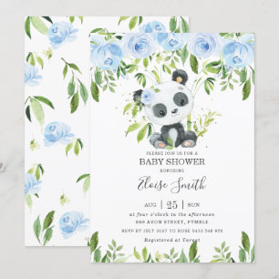 Cute Panda Blue Blommigt Greenery Baby Shower Inbjudningar