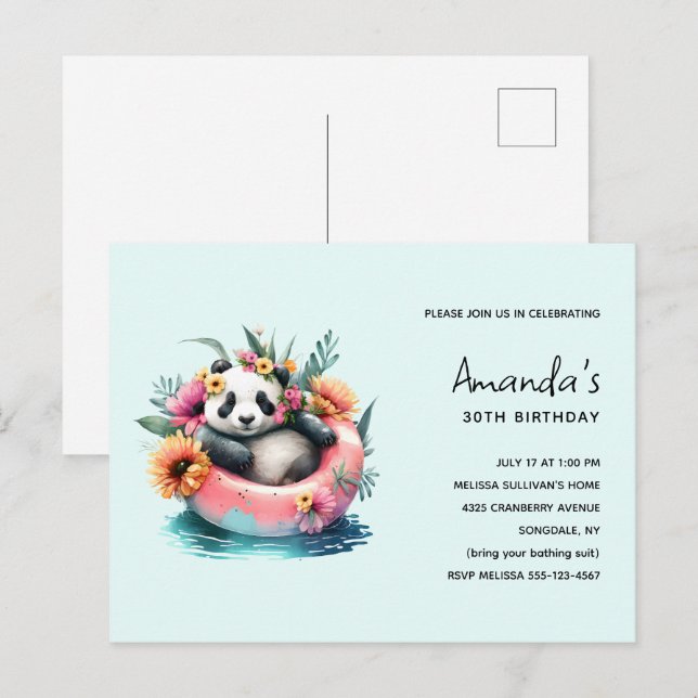 Cute Panda Chilling in a Inner Tube Birthday Inbjudan Vykort (Fram/baksida)