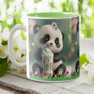 Cute Panda dricker mjölkskaka Färgblommor Två-Tonad Mugg