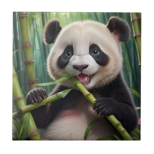Cute Panda Eating Bamboo Kakelplatta