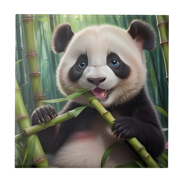Cute Panda Eating Bamboo Kakelplatta (Framsidan)