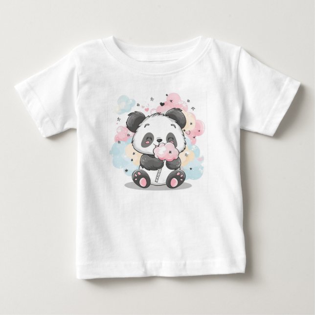 Cute Panda Eating Cotton Candy Kawaii Tecknad T Shirt (Framsida)