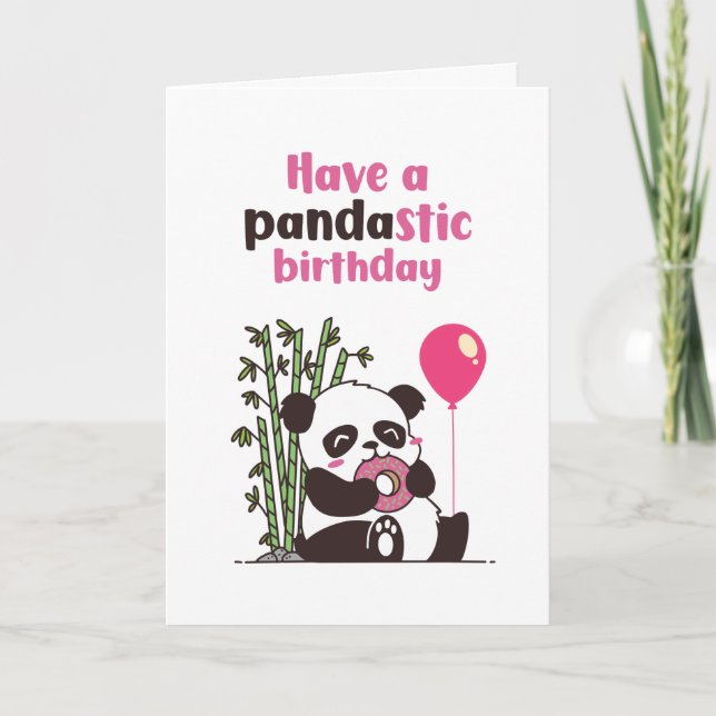 Cute Panda Eating Donut Pandastic Funny Birthday Kort (Framsida)