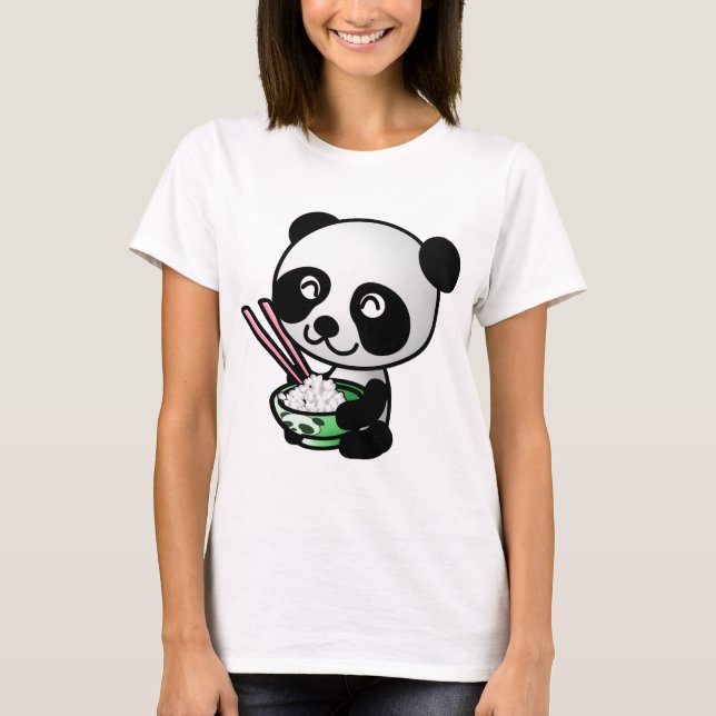 Cute Panda Eating Ris from Bowl with Chopsticks T-shirt (Framsida)