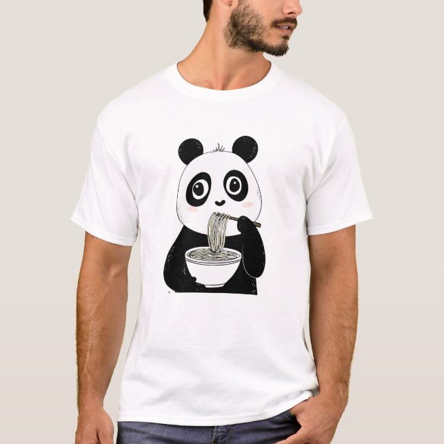 Cute Panda Eating Udon Noodles T Shirt (Framsida)