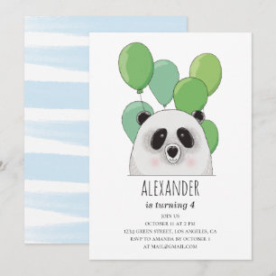 Cute panda. Födelsedagsfest för blå och grönt Inbjudningar