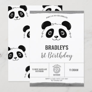 Cute Panda-Födelsedagsfest, svartvitt Inbjudningar