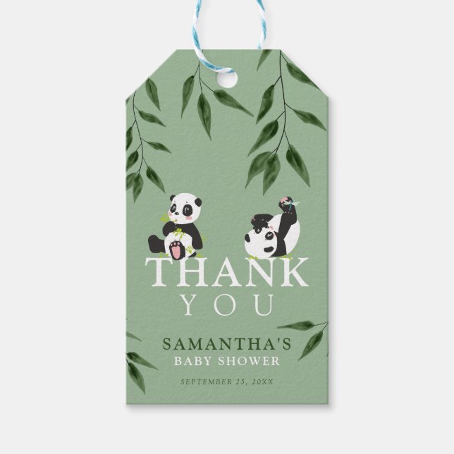 Cute Panda & Foliage Neutralt Baby Shower Tack Presentetikett (Framsidan)