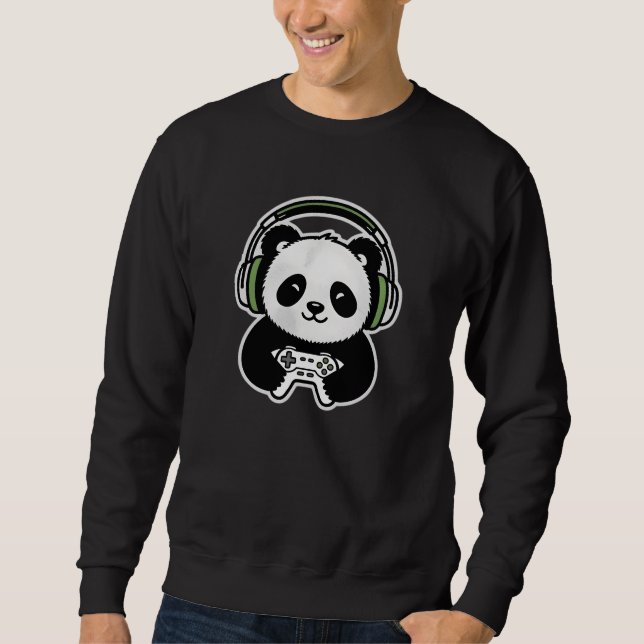 Cute Panda Gamer - Kawaii Gaming Panda with Headse Lång Ärmad Tröja (Framsida)