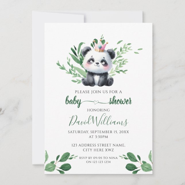 Cute Panda Gender Neutral Greenery Baby Shower Inbjudningar (Framsida)