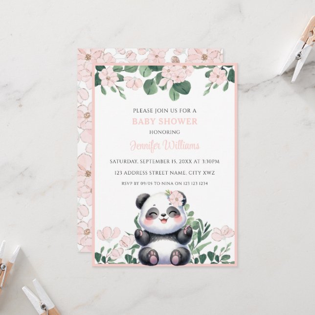 Cute Panda Girl Greenery Rosa Flower Baby Shower Inbjudningar (Fram/Back In Situ)