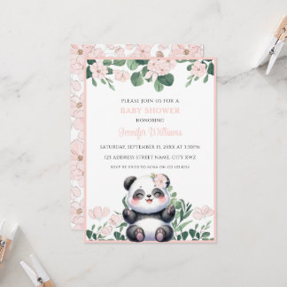 Cute Panda Girl Greenery Rosa Flower Baby Shower Inbjudningar