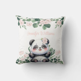 Cute Panda Girl Greenery Rosa Flower Blommigt Kudde