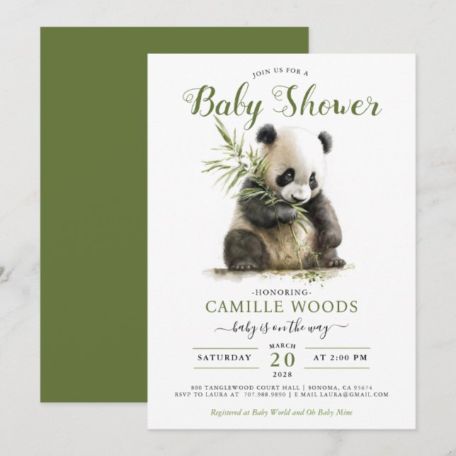 Cute Panda Greenery Baby Shower Gender Neutral Inbjudningar (Fram/baksida)