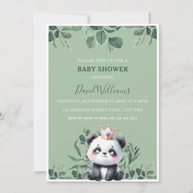 Cute Panda Greenery Foliage Grönt Baby Shower Inbjudningar (Framsida)