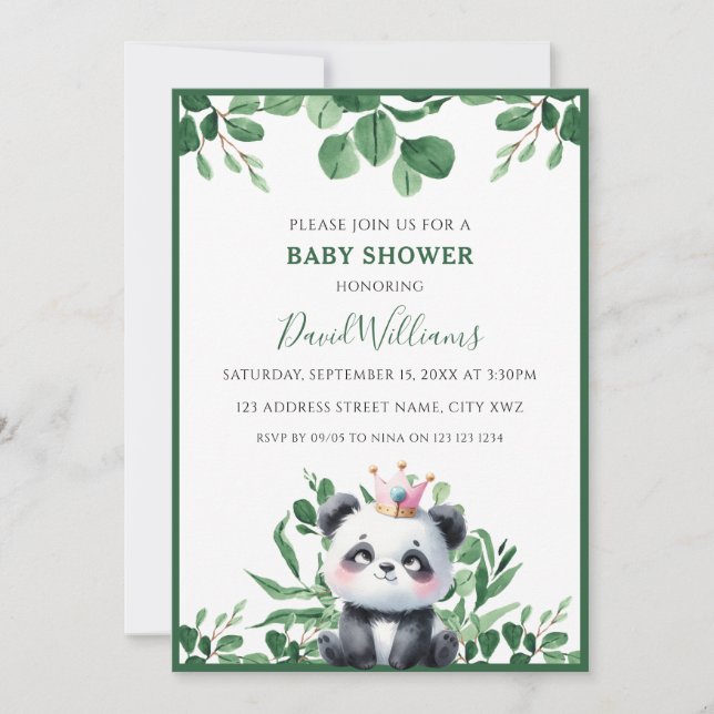 Cute Panda Greenery Foliage Neutralt Baby Shower Inbjudningar (Framsida)