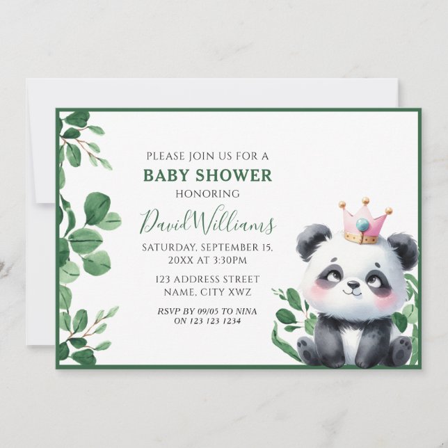 Cute Panda Greenery Gender Neutral Baby Shower Inbjudningar (Framsida)