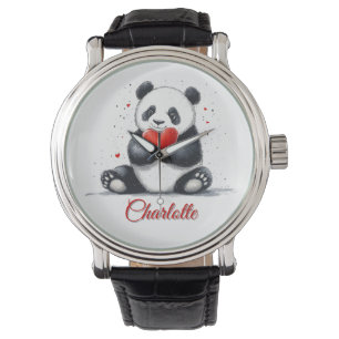 Cute Panda Holding Heart med Anpassade Namn Armbandsur
