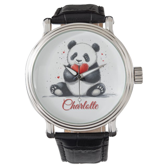 Cute Panda Holding Heart med Anpassade Namn Armbandsur (Framsida)