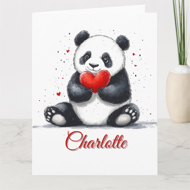Cute Panda Holding Heart med Anpassade Namn Kort (Framsida)