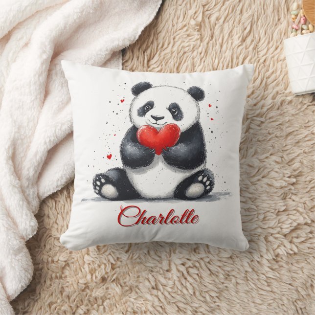 Cute Panda Holding Heart med Anpassade Namn Kudde (Filt)